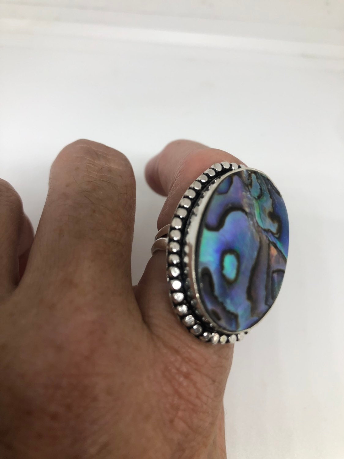 Antique Green Abalone White Bronze Silver Ring