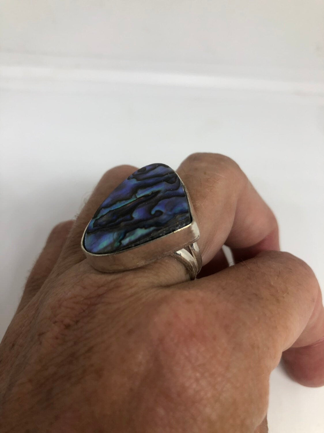 Antique Green Abalone White Bronze Silver Ring