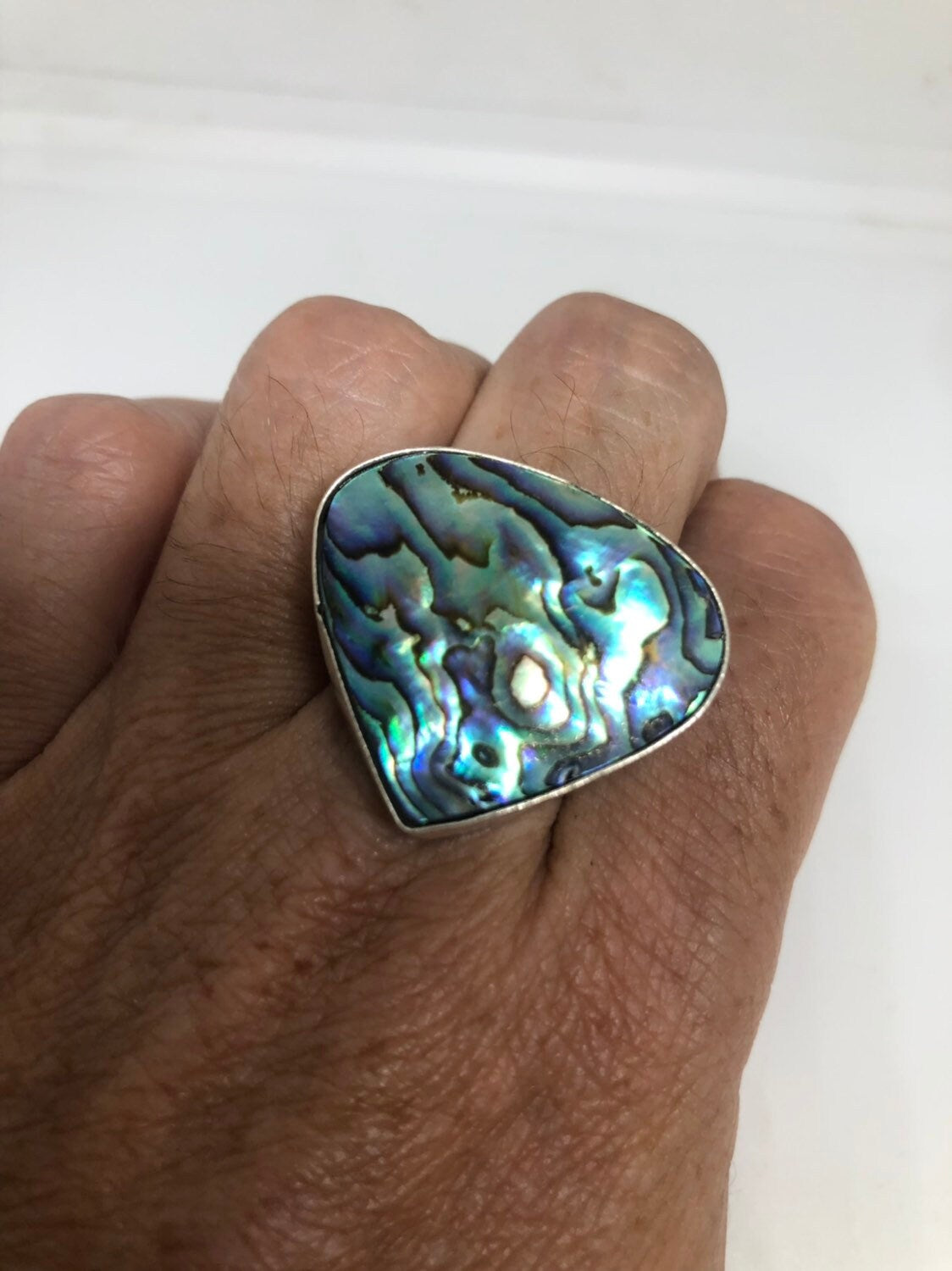 Antique Green Abalone White Bronze Silver Ring