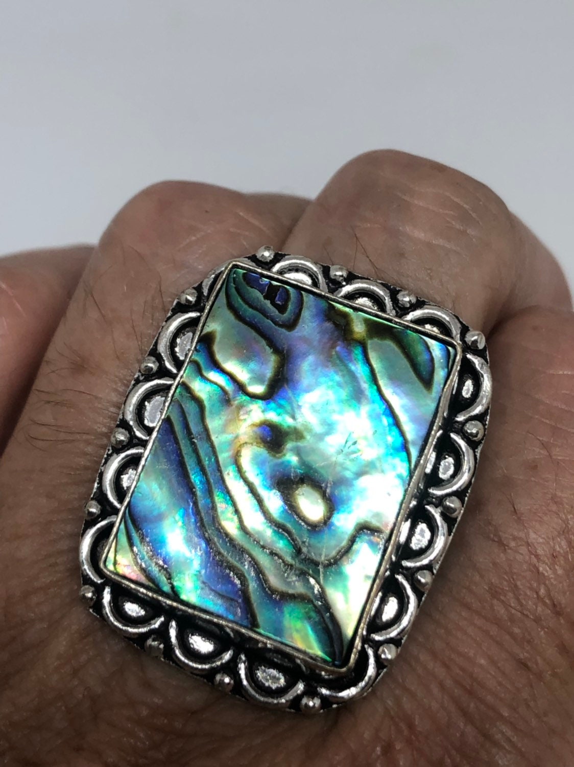 Antique Green Abalone White Bronze Silver Ring