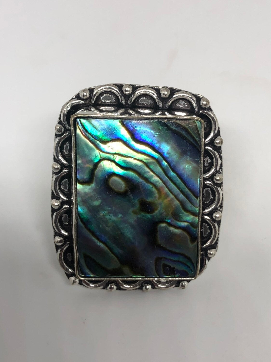 Antique Green Abalone White Bronze Silver Ring