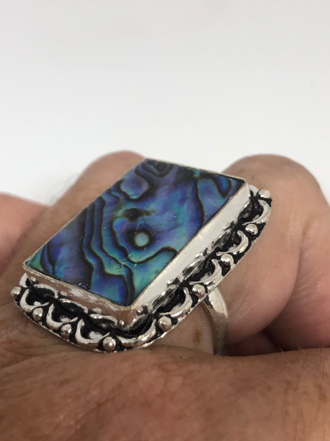 Antique Green Abalone White Bronze Silver Ring