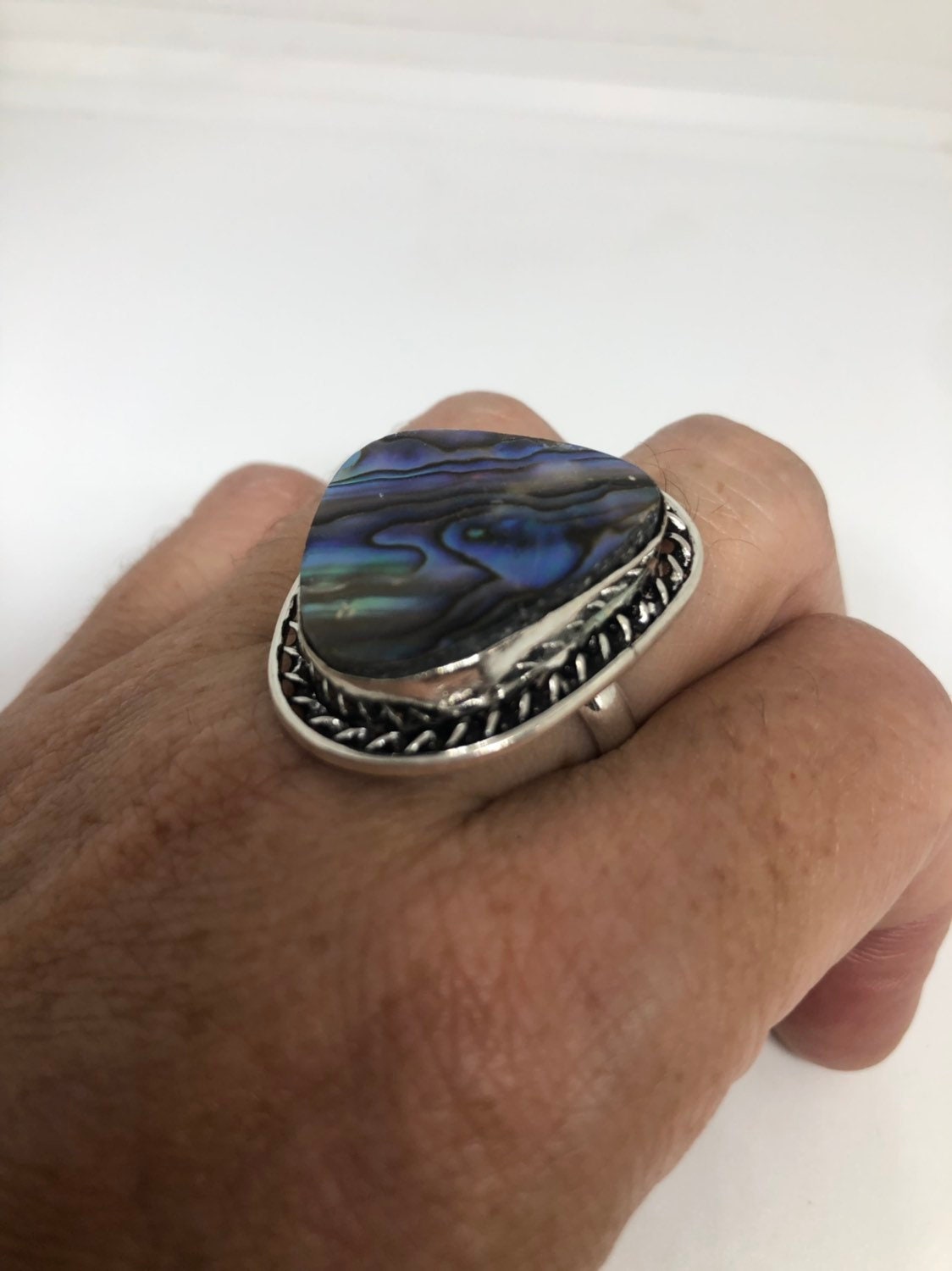 Antique Green Abalone White Bronze Silver Ring