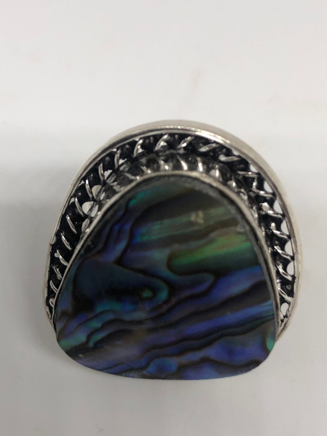 Antique Green Abalone White Bronze Silver Ring