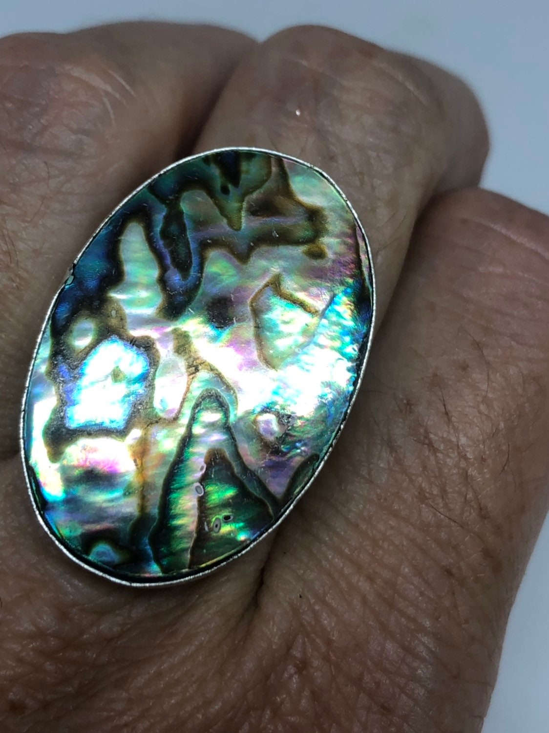 Antique Green Abalone White Bronze Silver Ring