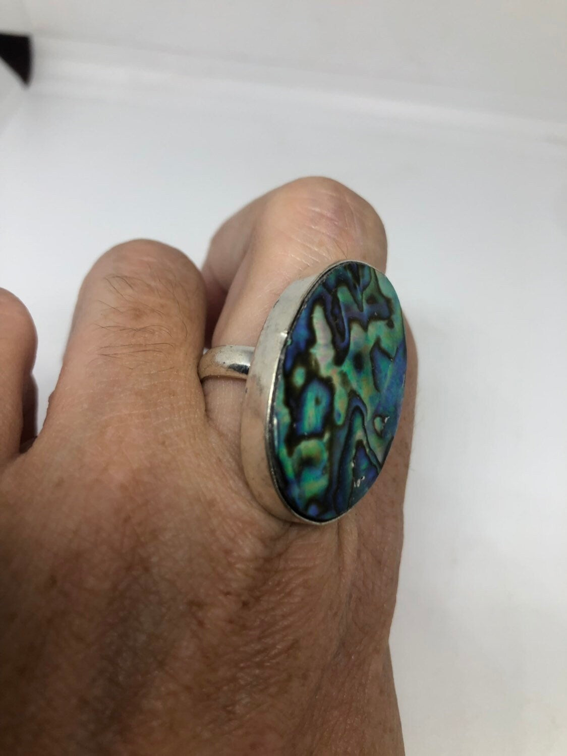 Antique Green Abalone White Bronze Silver Ring