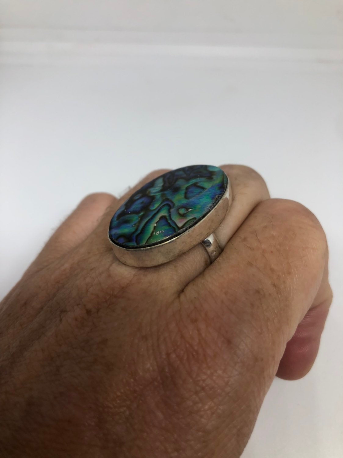 Antique Green Abalone White Bronze Silver Ring