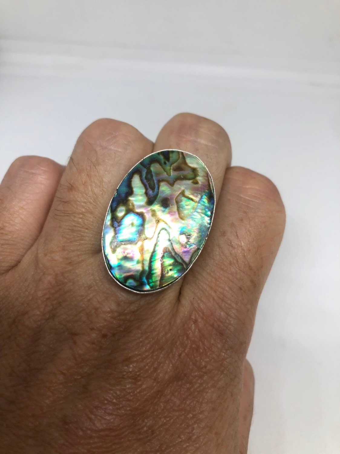 Antique Green Abalone White Bronze Silver Ring