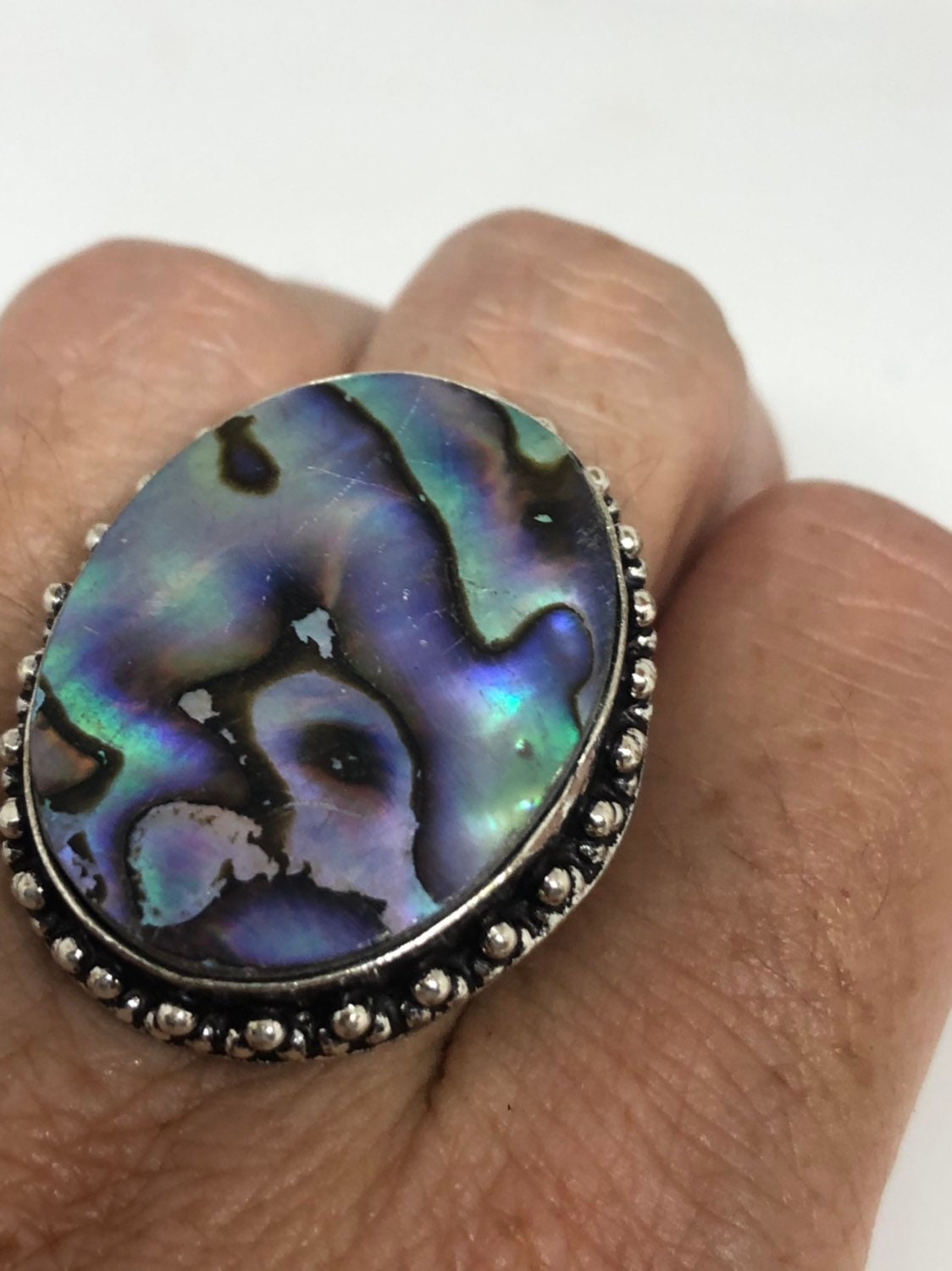 Antique Green Abalone White Bronze Silver Ring