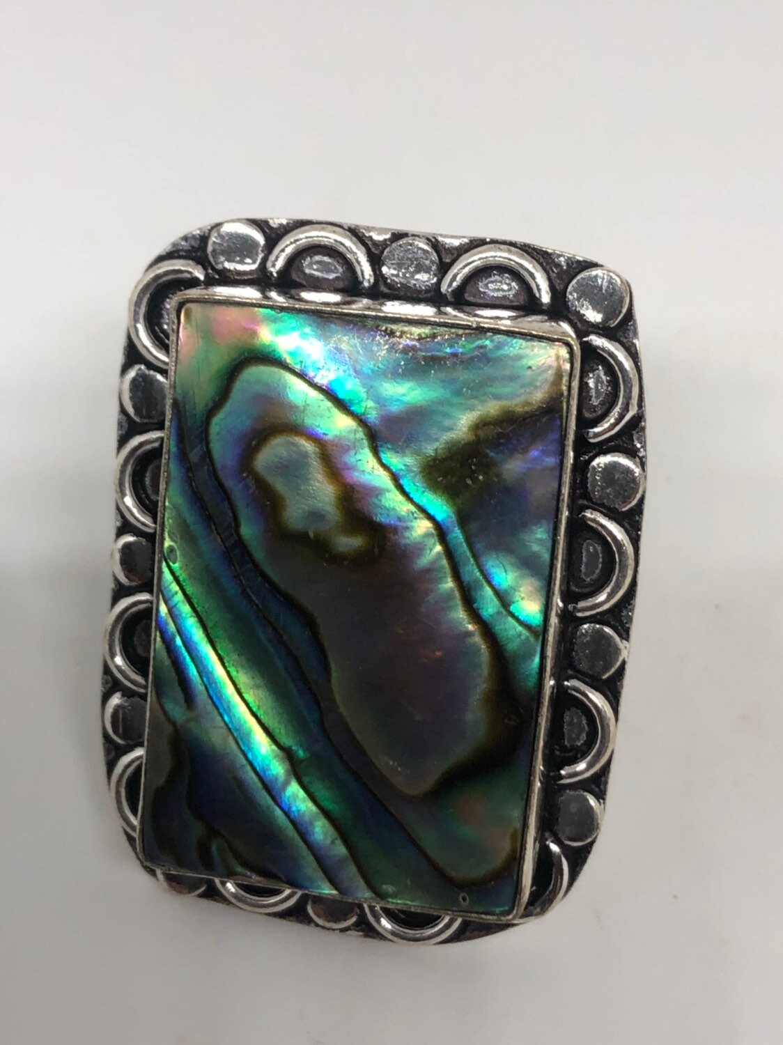 Antique Green Abalone White Bronze Silver Ring