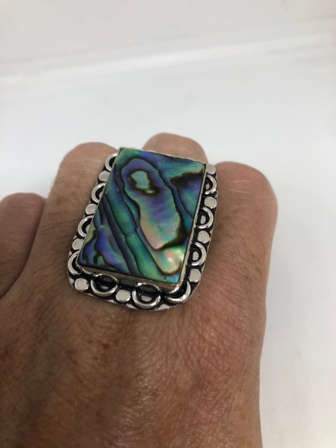 Antique Green Abalone White Bronze Silver Ring