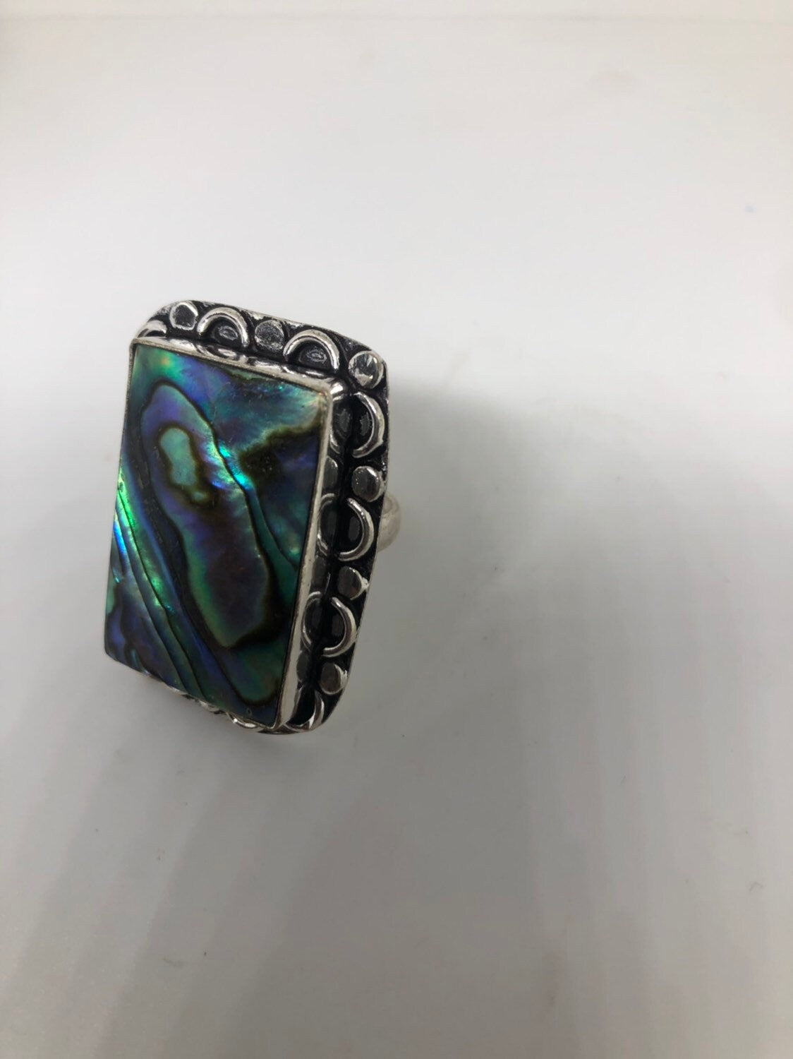 Antique Green Abalone White Bronze Silver Ring