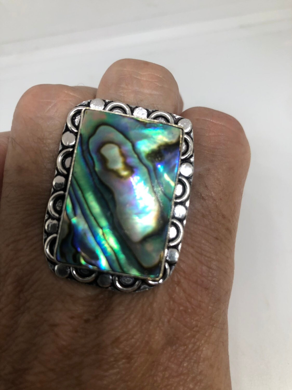 Antique Green Abalone White Bronze Silver Ring