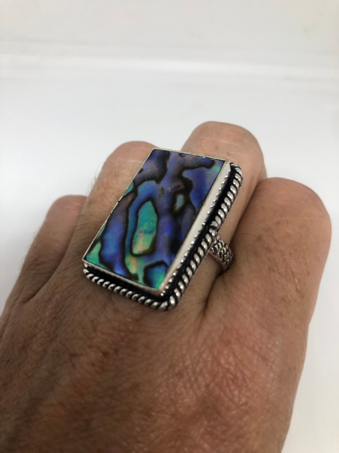 Antique Green Abalone White Bronze Silver Ring