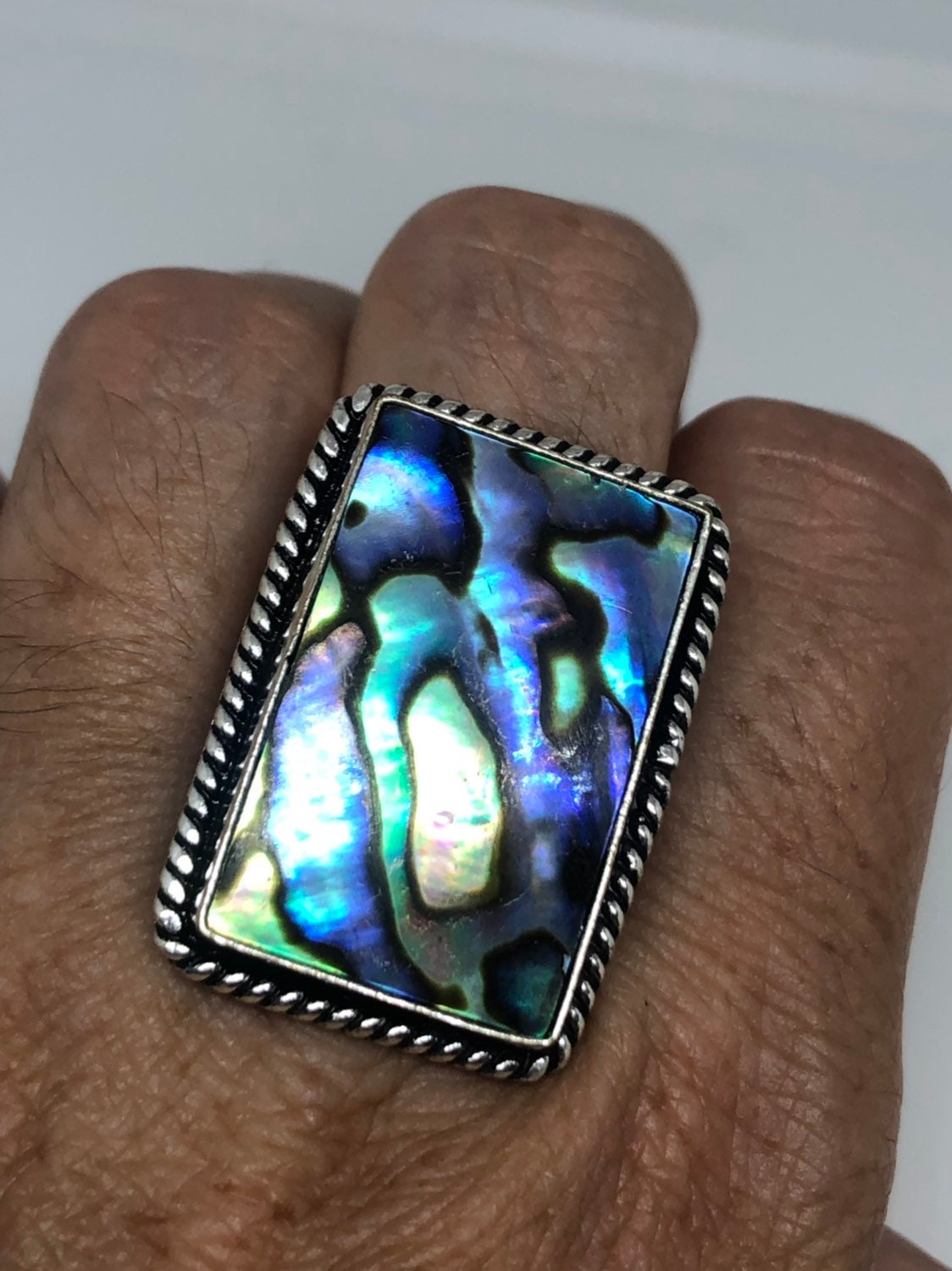 Antique Green Abalone White Bronze Silver Ring