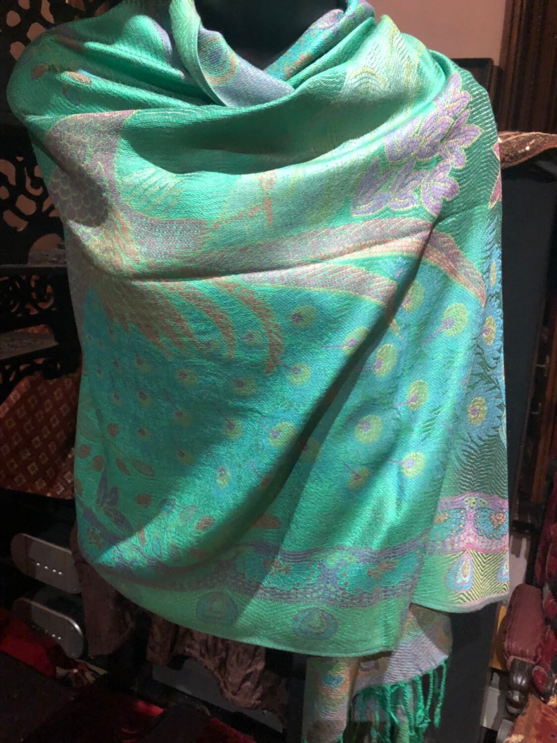 Vintage Peacock Feather Brocade Pashmina Scarf Wrap Shawl