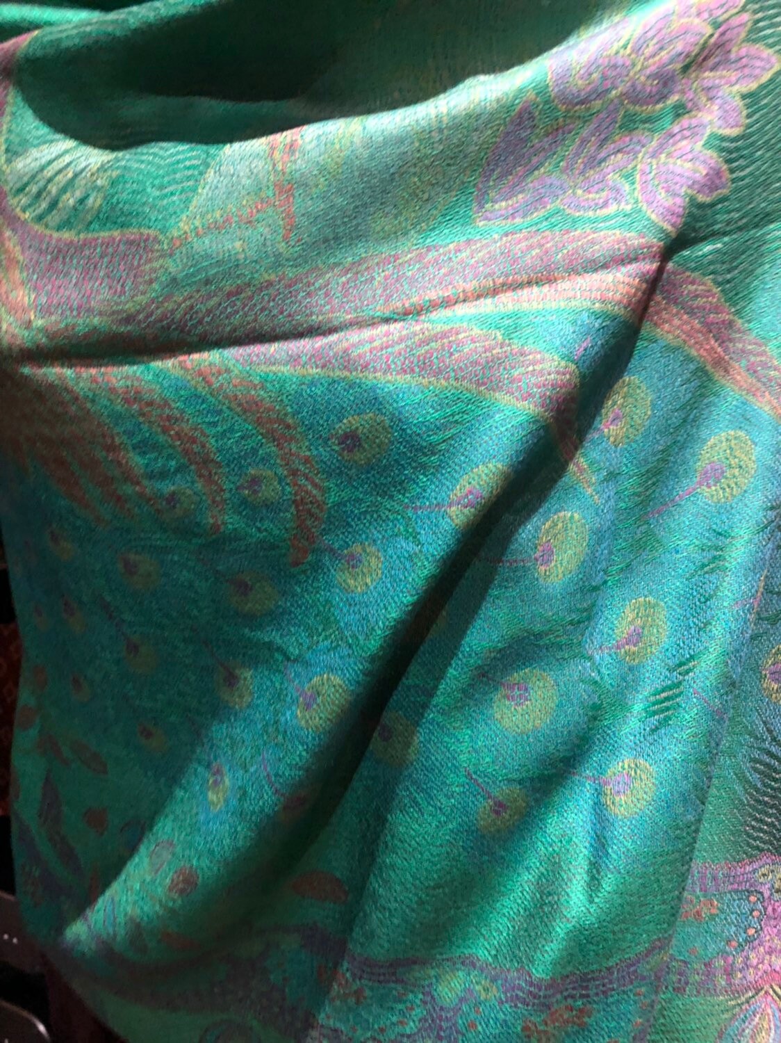 Vintage Peacock Feather Brocade Pashmina Scarf Wrap Shawl