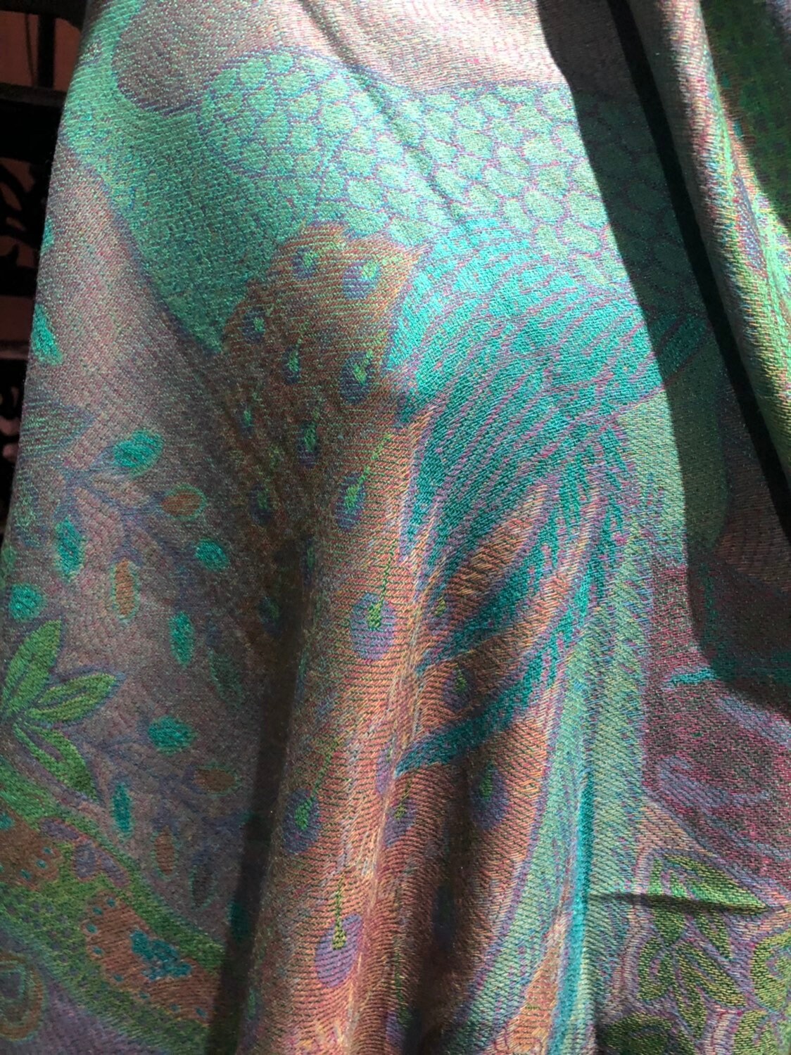 Vintage Peacock Feather Brocade Pashmina Scarf Wrap Shawl