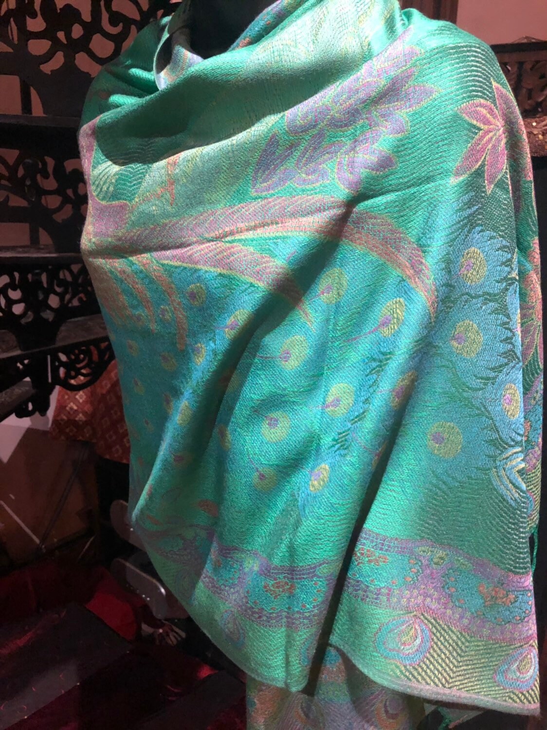 Vintage Peacock Feather Brocade Pashmina Scarf Wrap Shawl