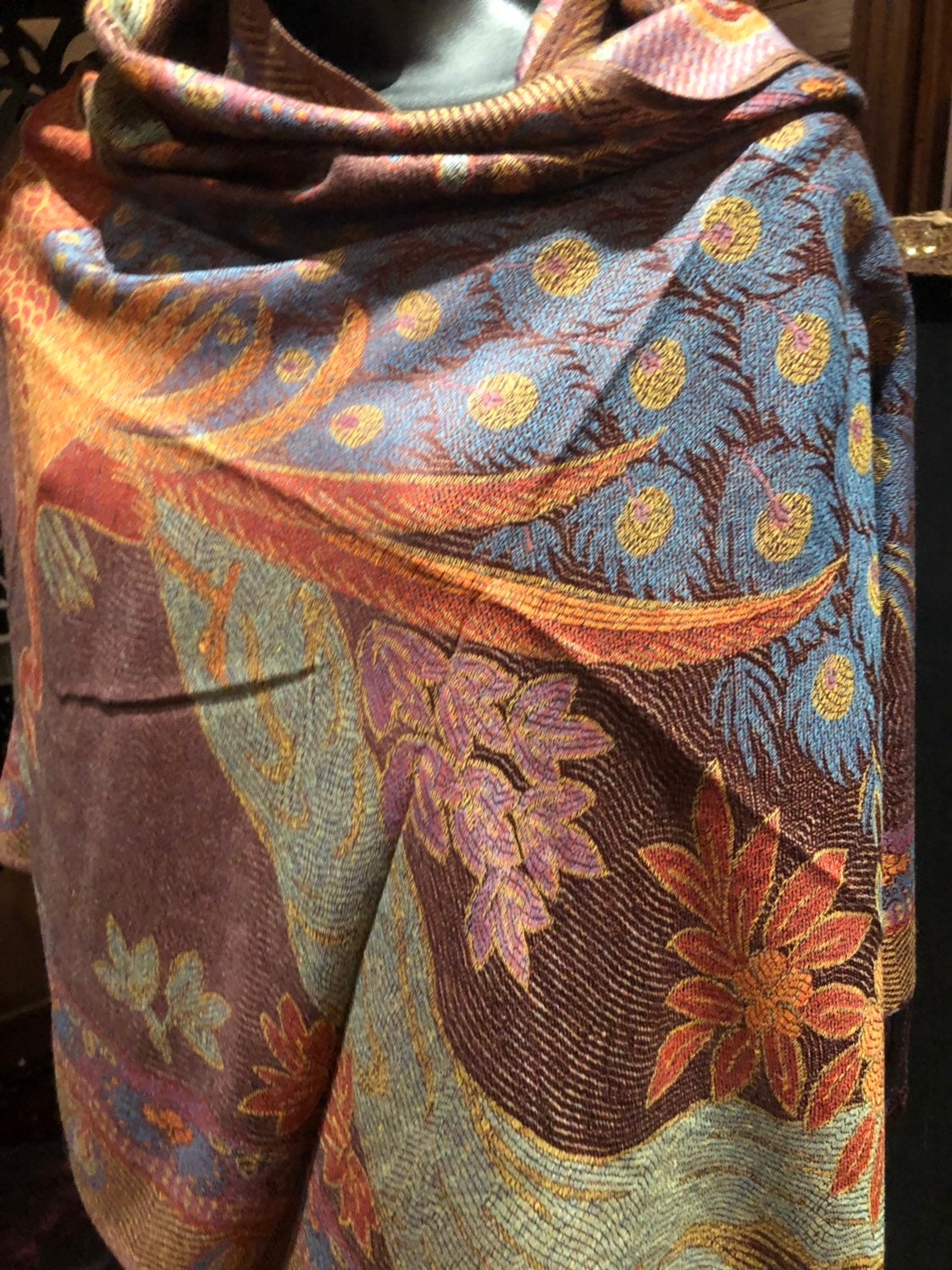 Vintage Peacock feather Brocade Pashmina Scarf Wrap Shawl