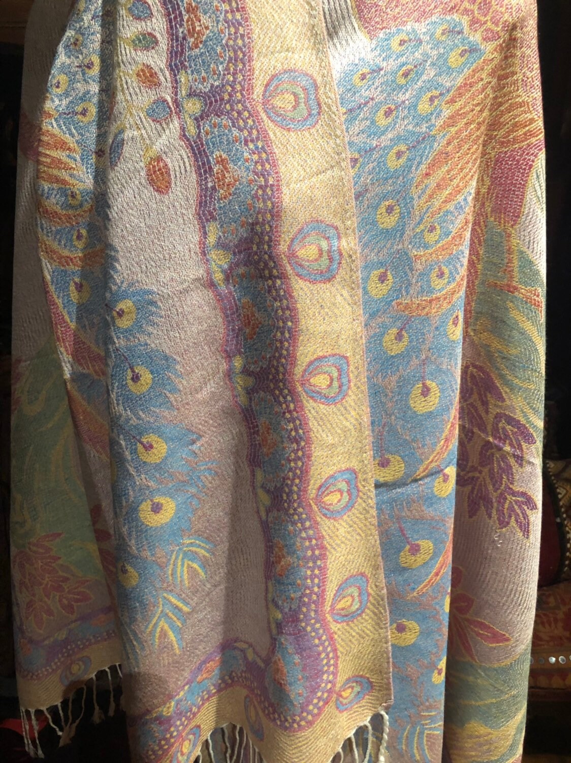 Vintage Peacock Feather Brocade Pashmina Scarf Wrap Shawl