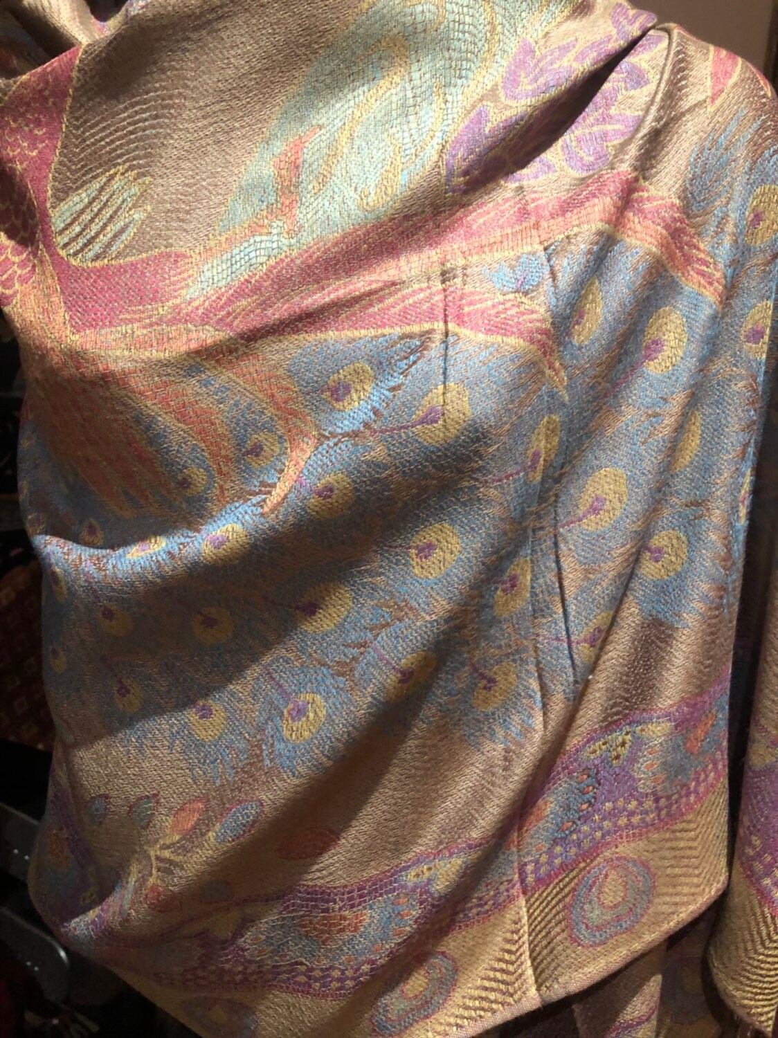 Vintage Peacock Feather Brocade Pashmina Scarf Wrap Shawl