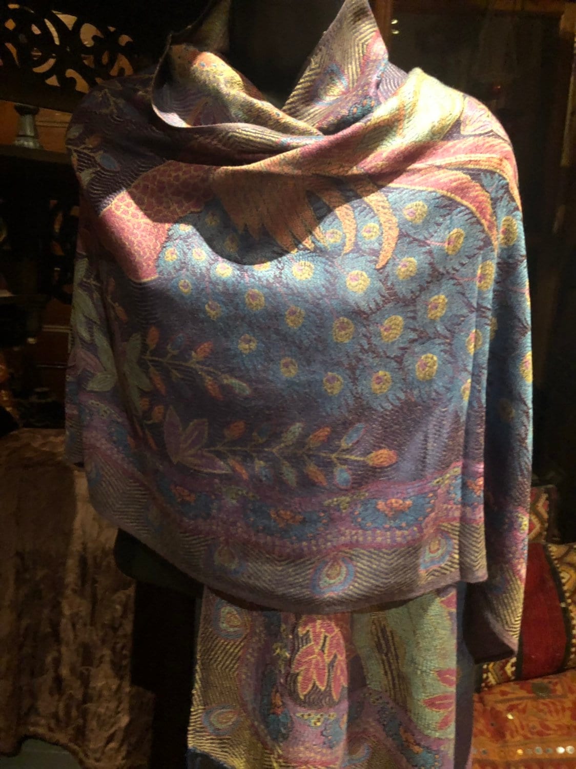 Vintage Peacock feather Brocade Pashmina Scarf Wrap Shawl