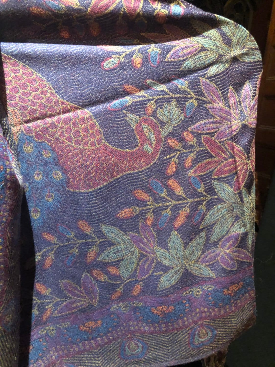 Vintage Peacock feather Brocade Pashmina Scarf Wrap Shawl