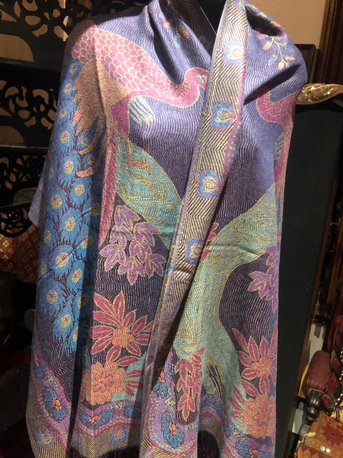 Vintage Peacock feather Brocade Pashmina Scarf Wrap Shawl