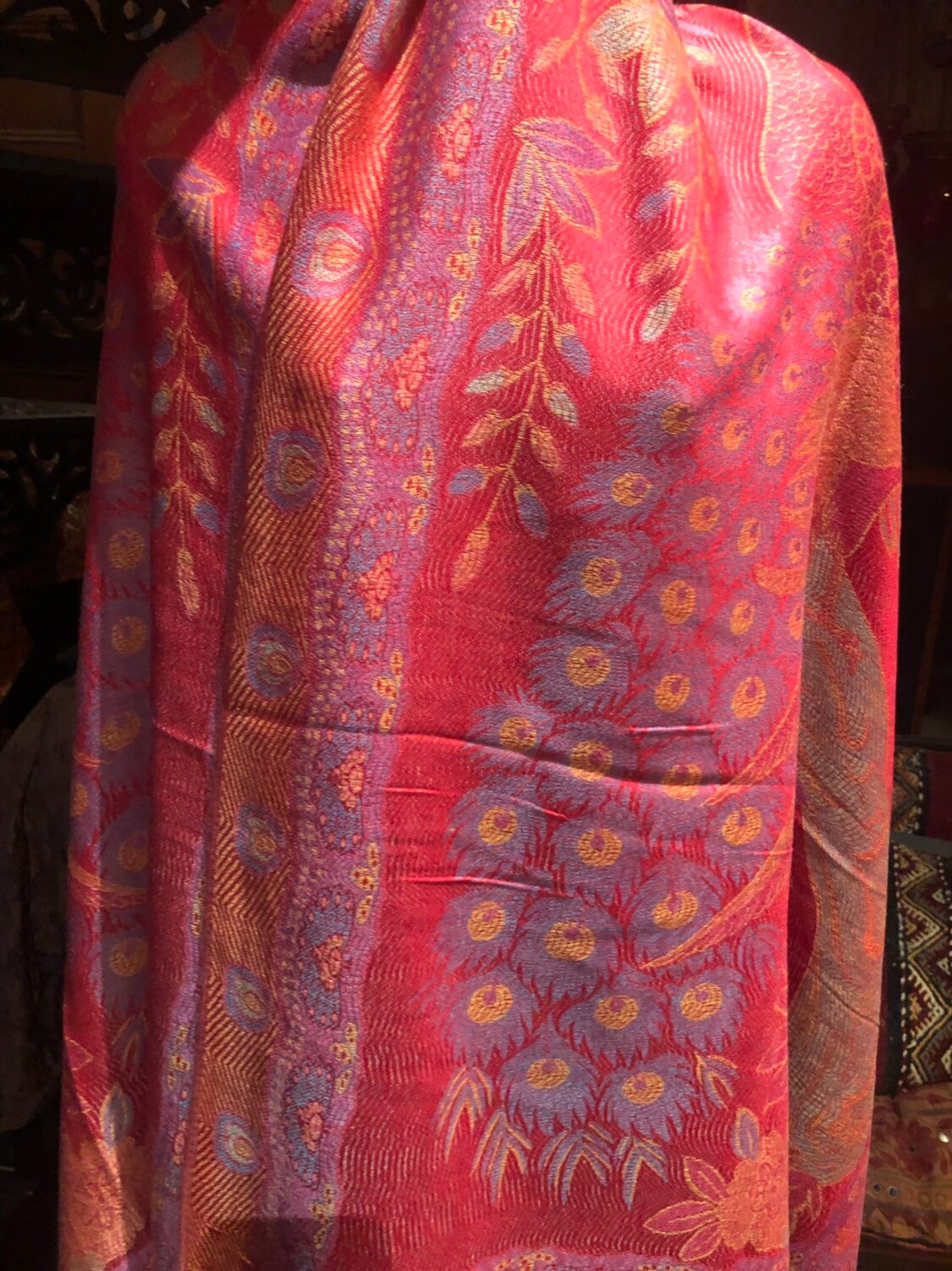 Vintage Peacock Feather Brocade Pashmina Scarf Wrap Shawl