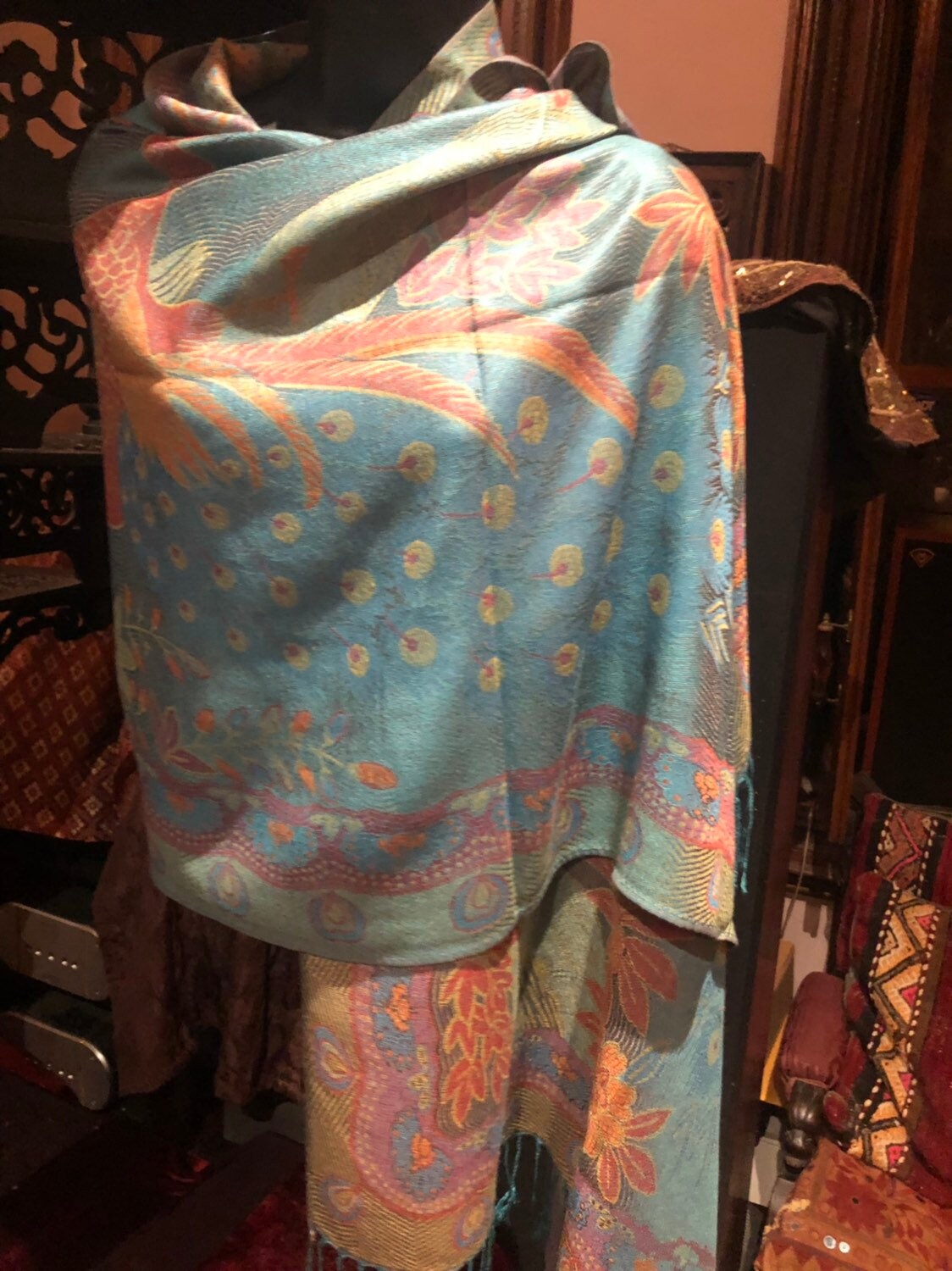 Vintage Peacock feather Brocade Pashmina Scarf Wrap Shawl