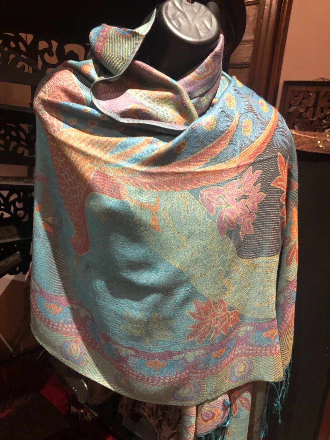 Vintage Peacock feather Brocade Pashmina Scarf Wrap Shawl