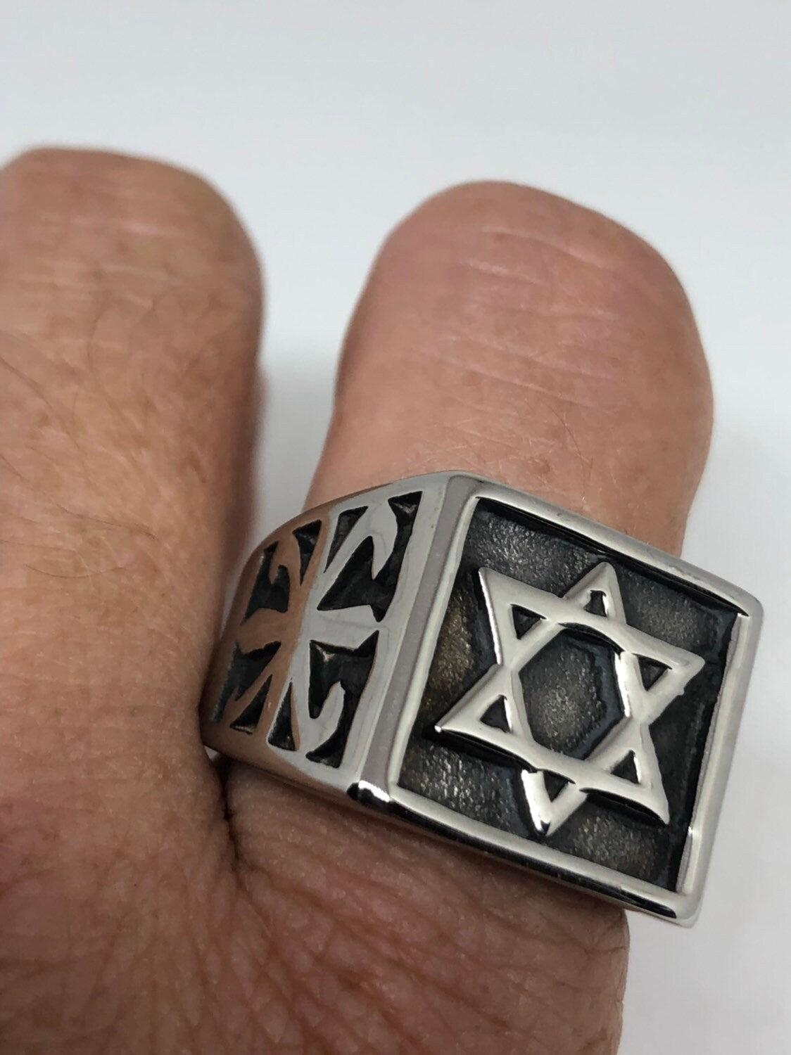 Vintage Stainless Steel Star of David Mens Ring