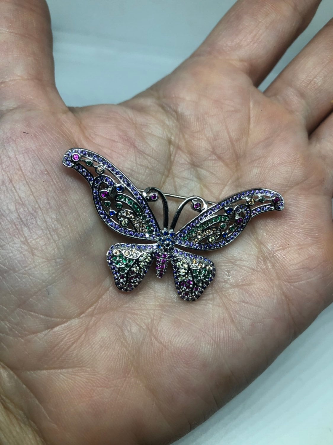Vintage pastel Crystal Gothic Styled Silver Finished Butterfly Broach