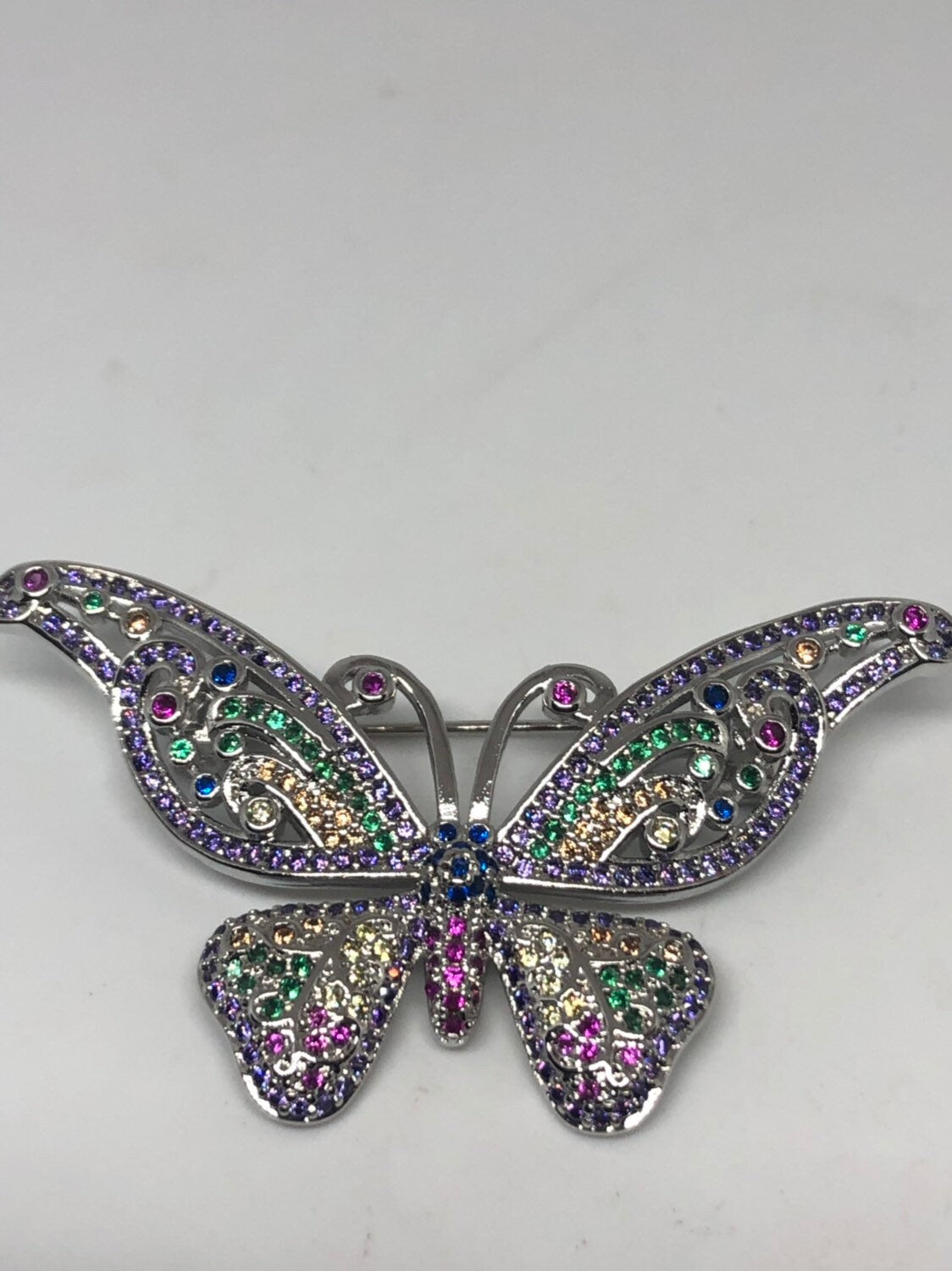 Vintage pastel Crystal Gothic Styled Silver Finished Butterfly Broach