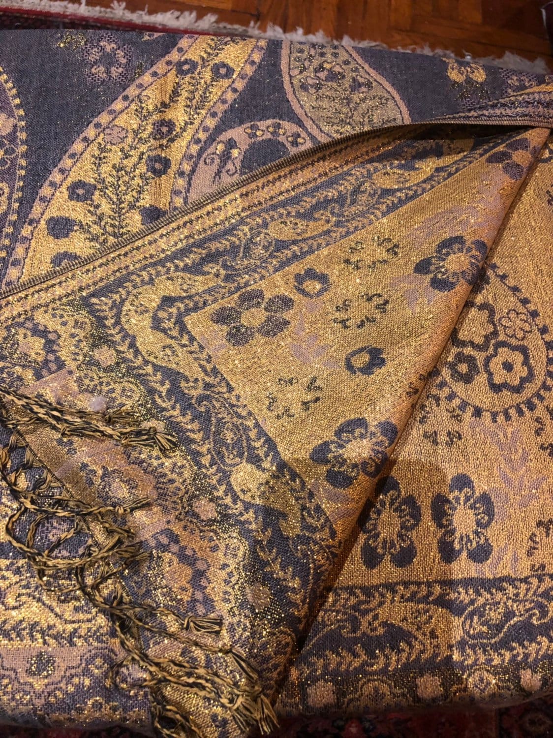 Vintage Gray Metallic Gold Paisley Brocade Pashmina Scarf Wrap