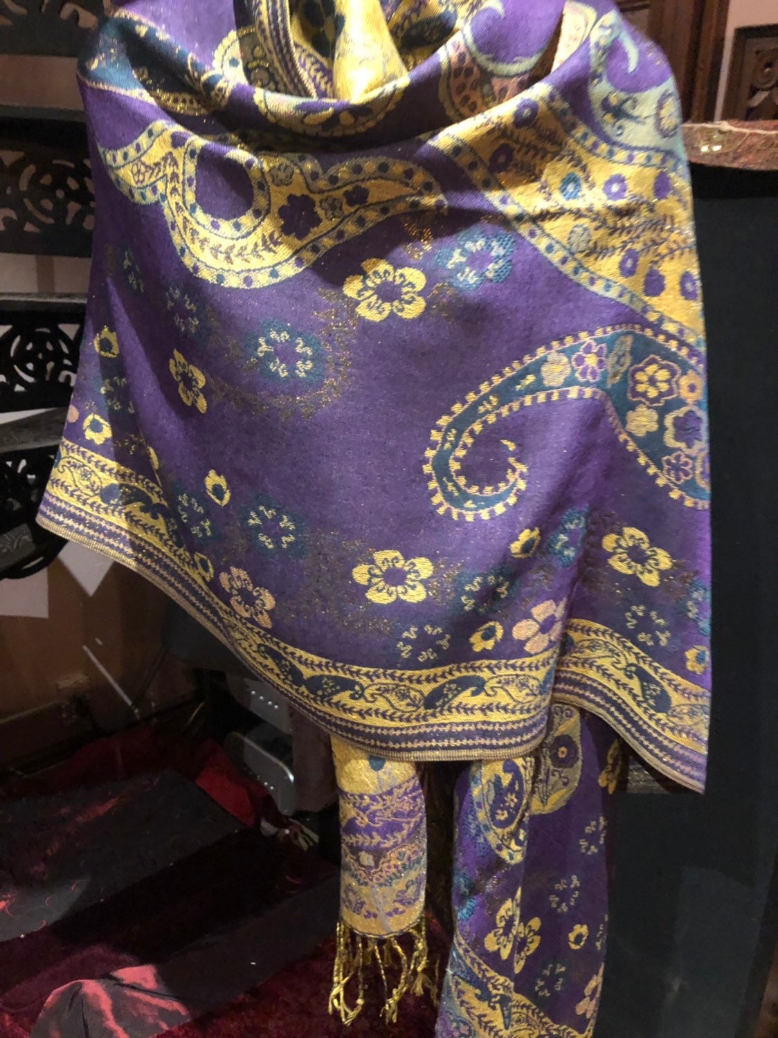 Nemesis Vintage Royal Purple Metallic Gold Paisley Brocade Pashmina Scarf Wrap