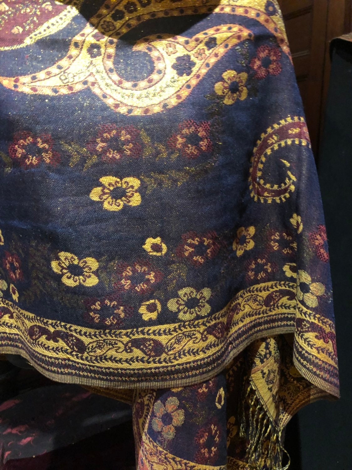 Vintage Blue Metallic Gold Paisley Brocade Pashmina Scarf Wrap Shawl