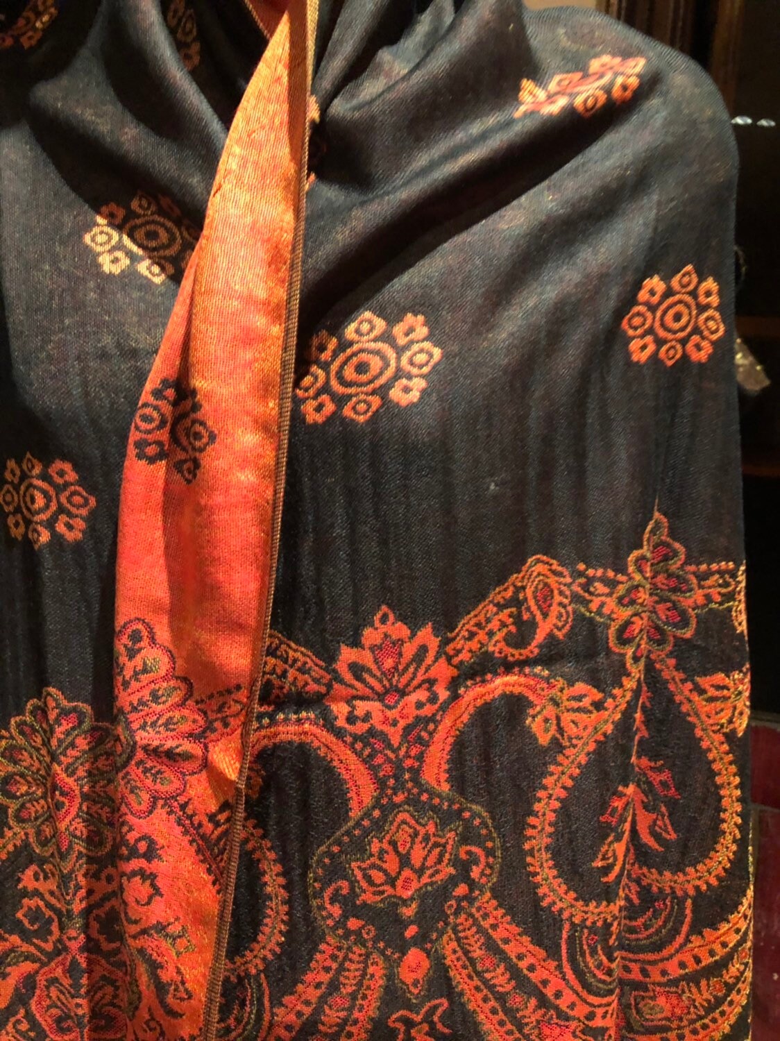 Vintage Black Red Paisley Brocade Pashmina Scarf Wrap Shawl