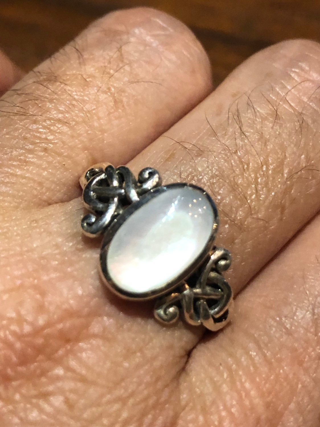 Antique White Mother of Pearl Filigree Sterling Silver Ring