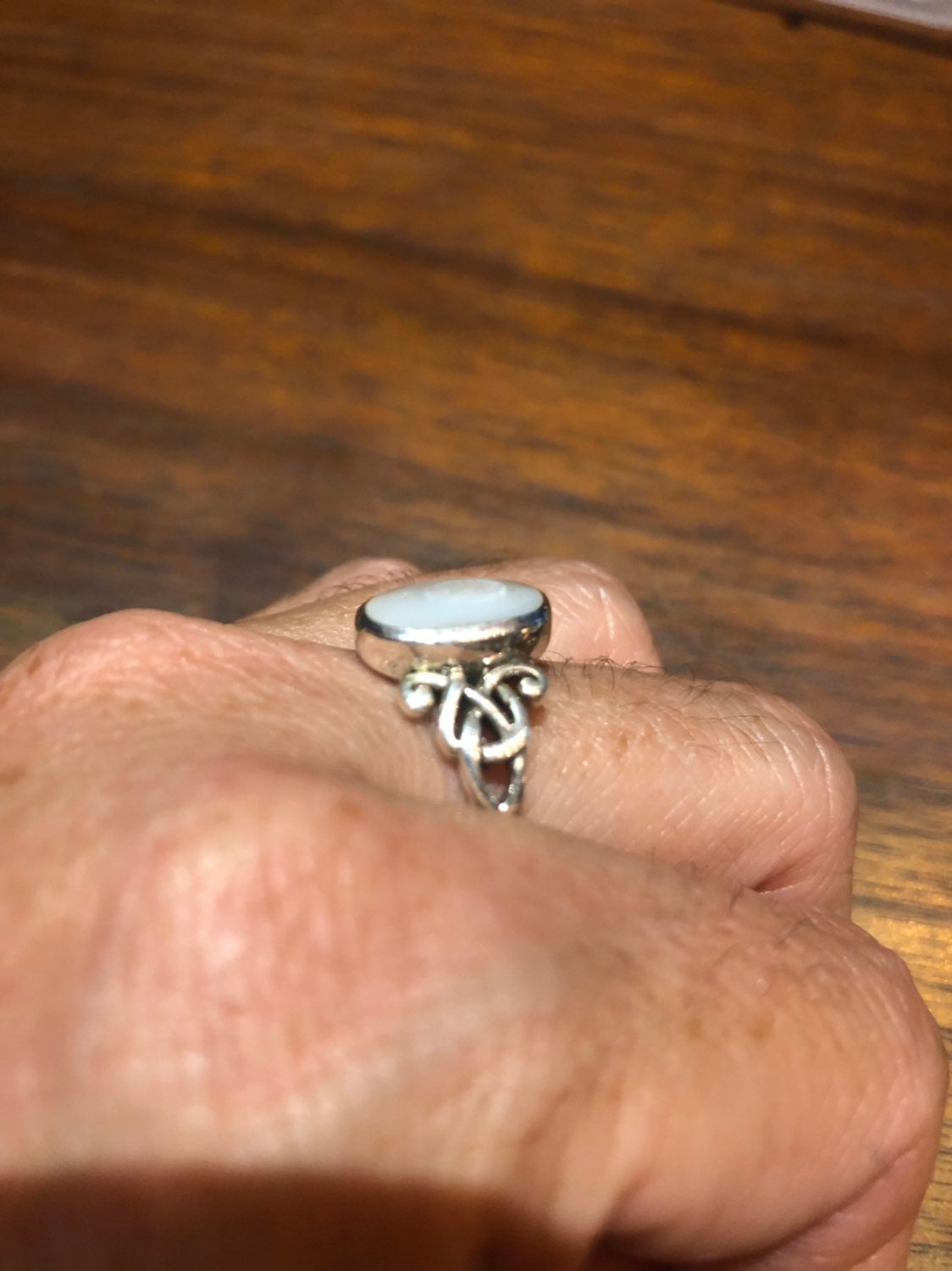 Antique White Mother of Pearl Filigree Sterling Silver Ring