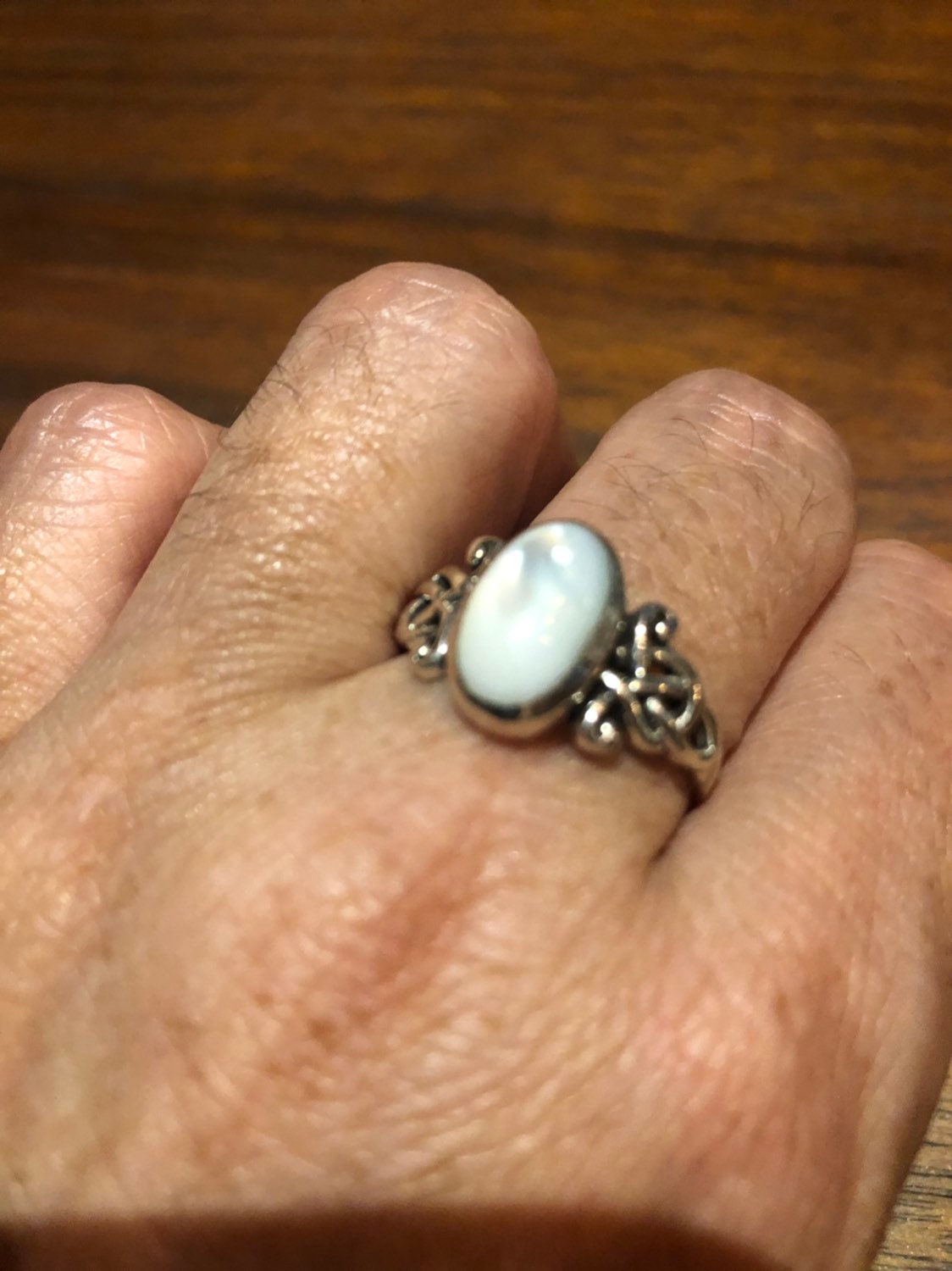 Antique White Mother of Pearl Filigree Sterling Silver Ring