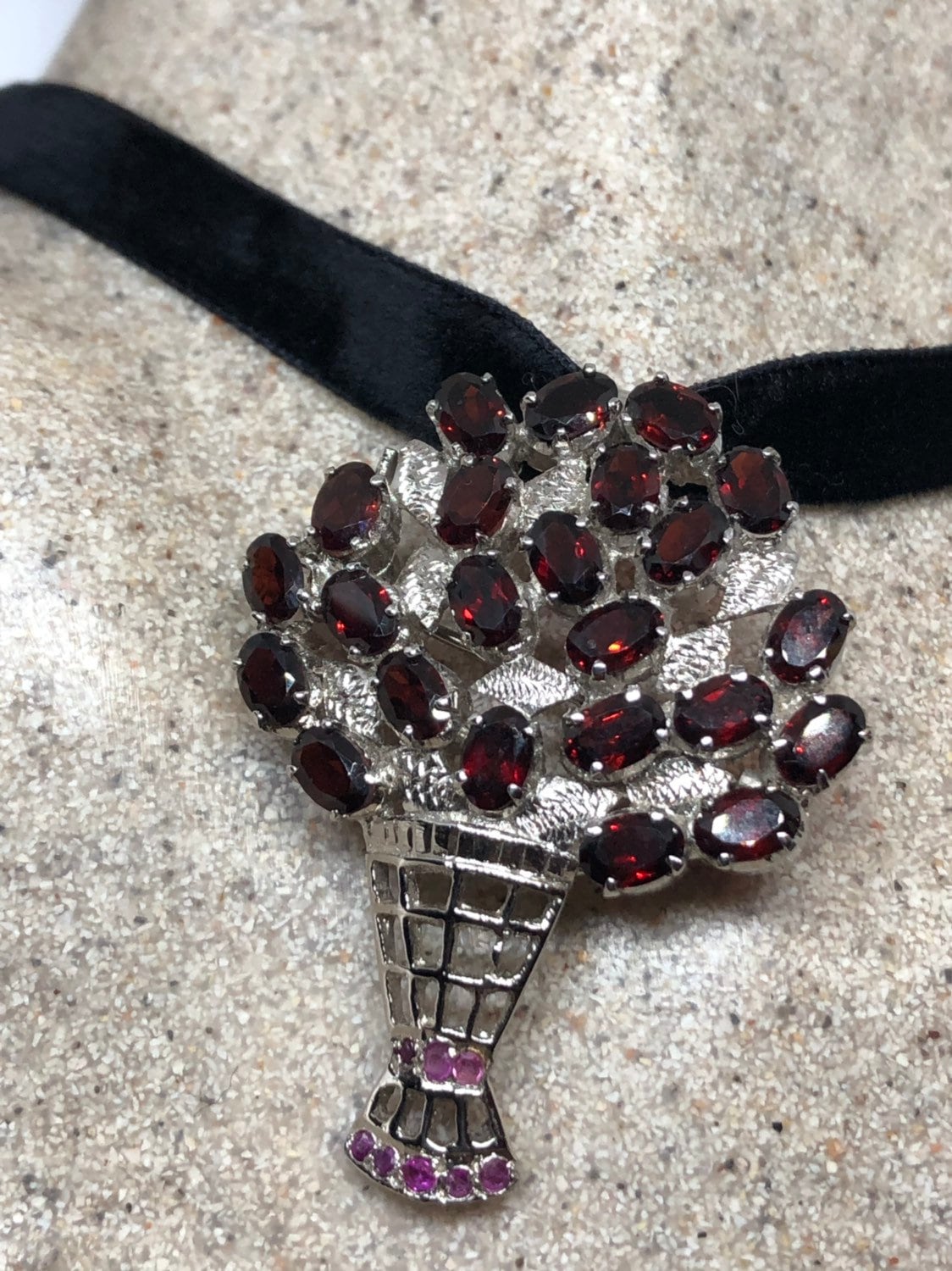 Vintage Handmade Genuine Garnet 925 Sterling Silver Rhodium Brooch Choker