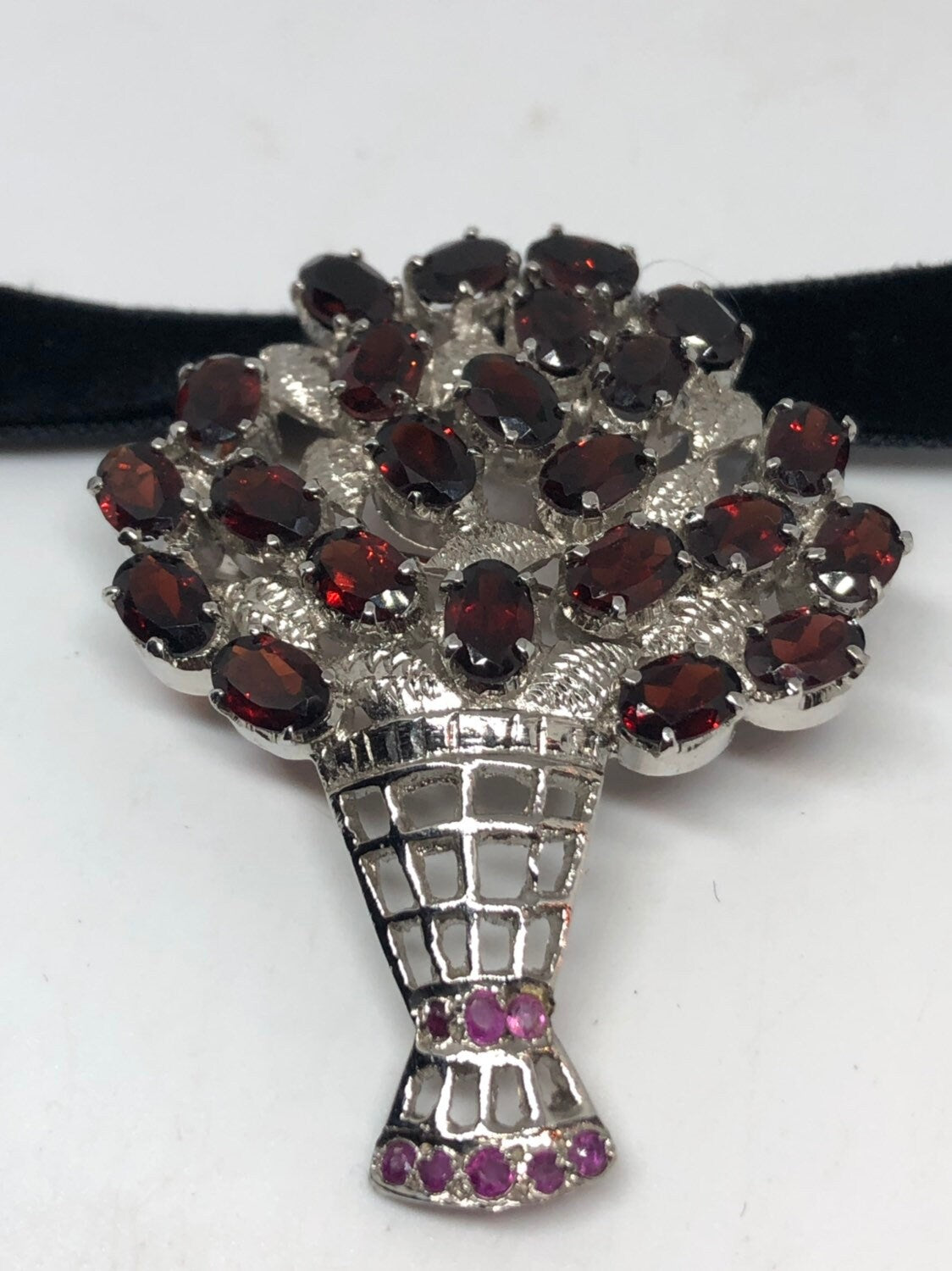 Vintage Handmade Genuine Garnet 925 Sterling Silver Rhodium Brooch Choker