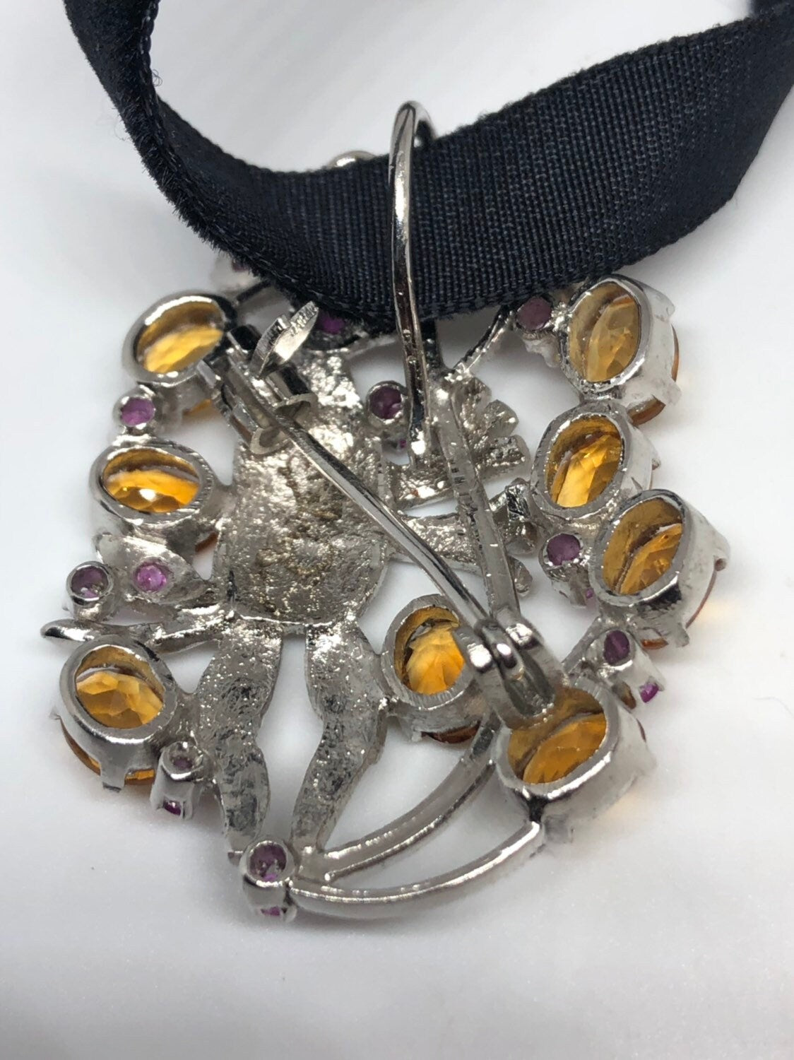 Vintage Handmade 925 Sterling Silver Genuine Citrine Antique pin Pendant Necklace