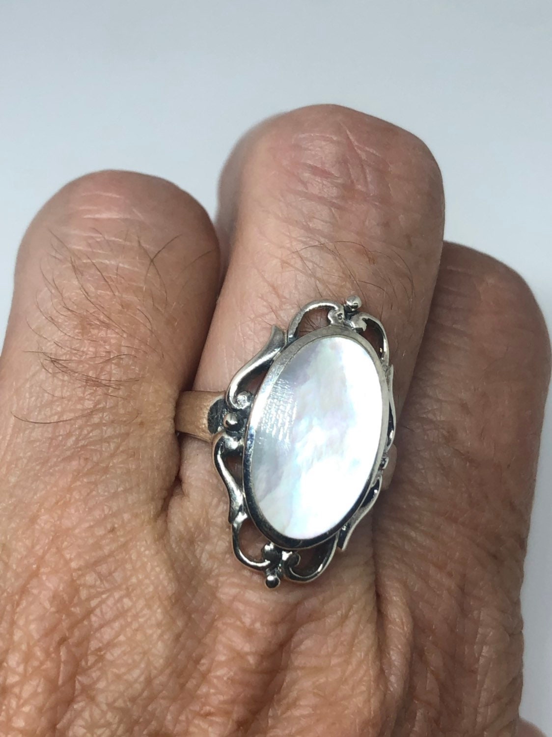 Antique White Mother of Pearl Filigree Sterling Silver Ring