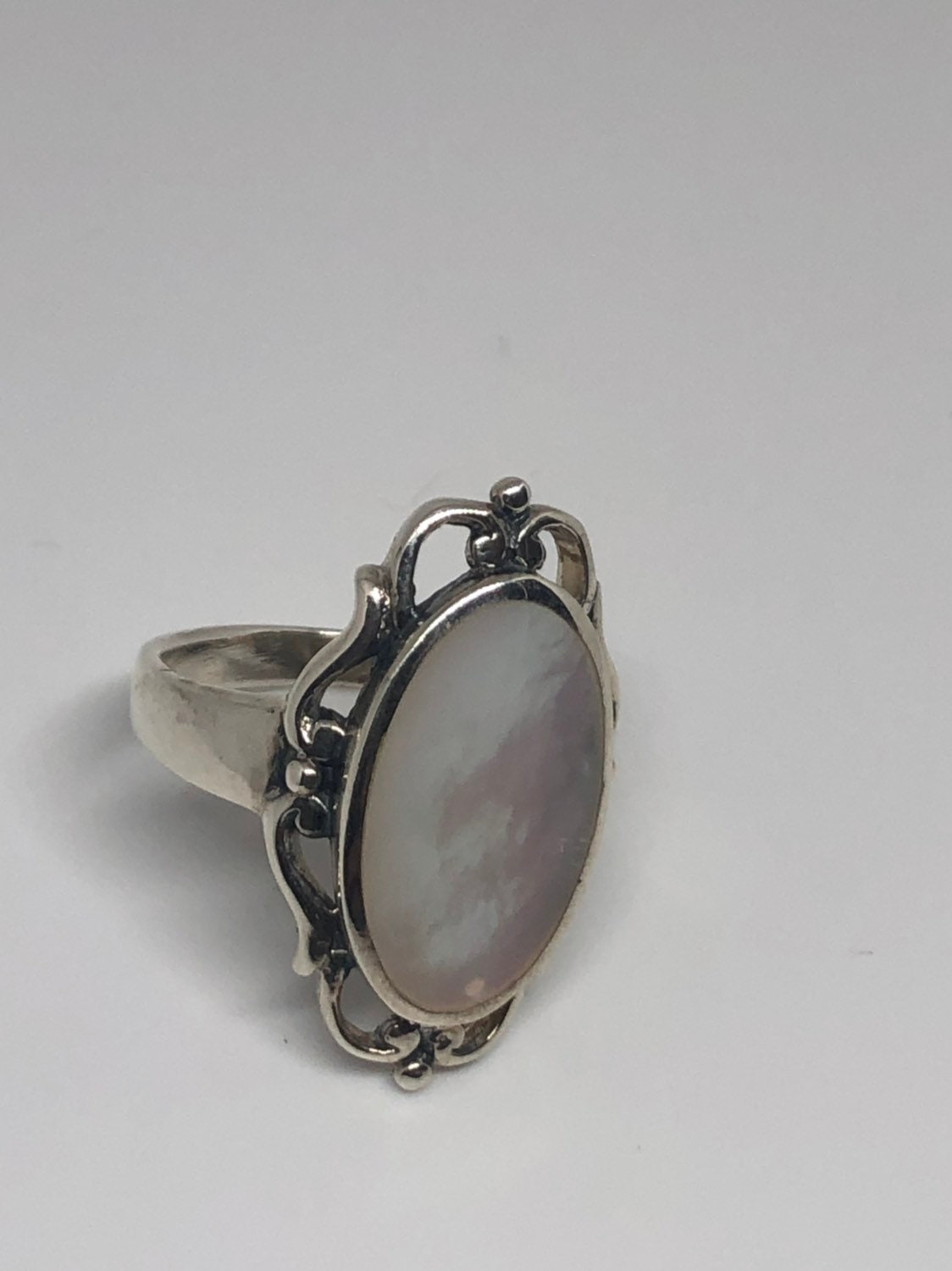 Antique White Mother of Pearl Filigree Sterling Silver Ring