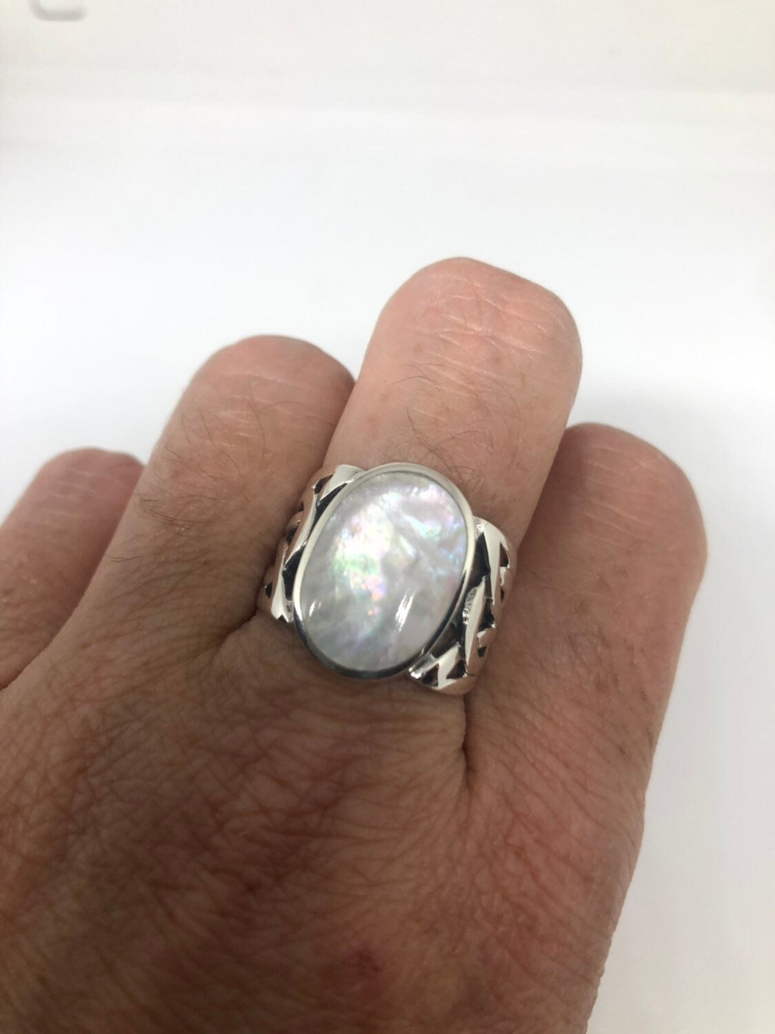 Antique White Mother of Pearl Filigree Sterling Silver Ring