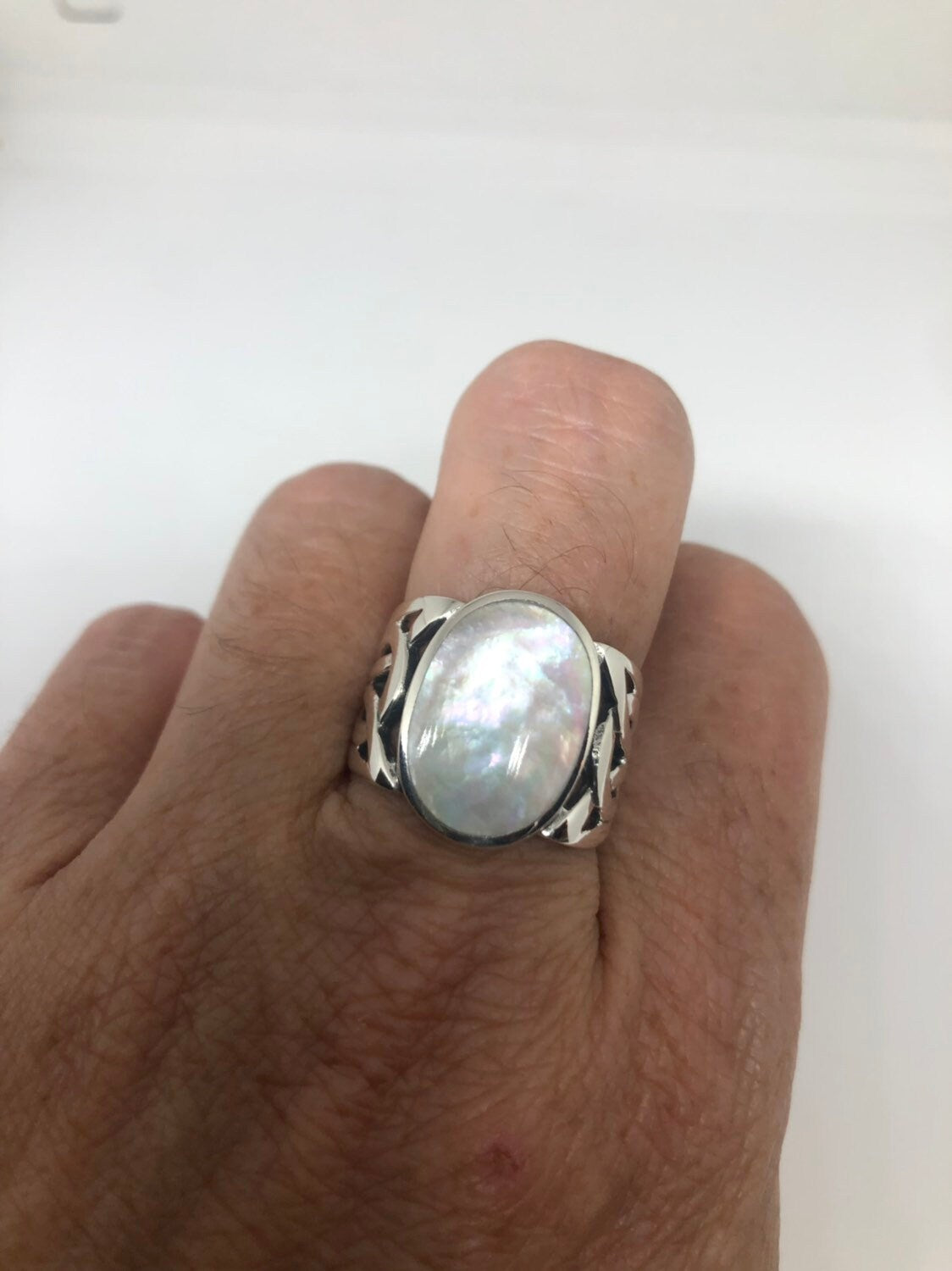 Antique White Mother of Pearl Filigree Sterling Silver Ring