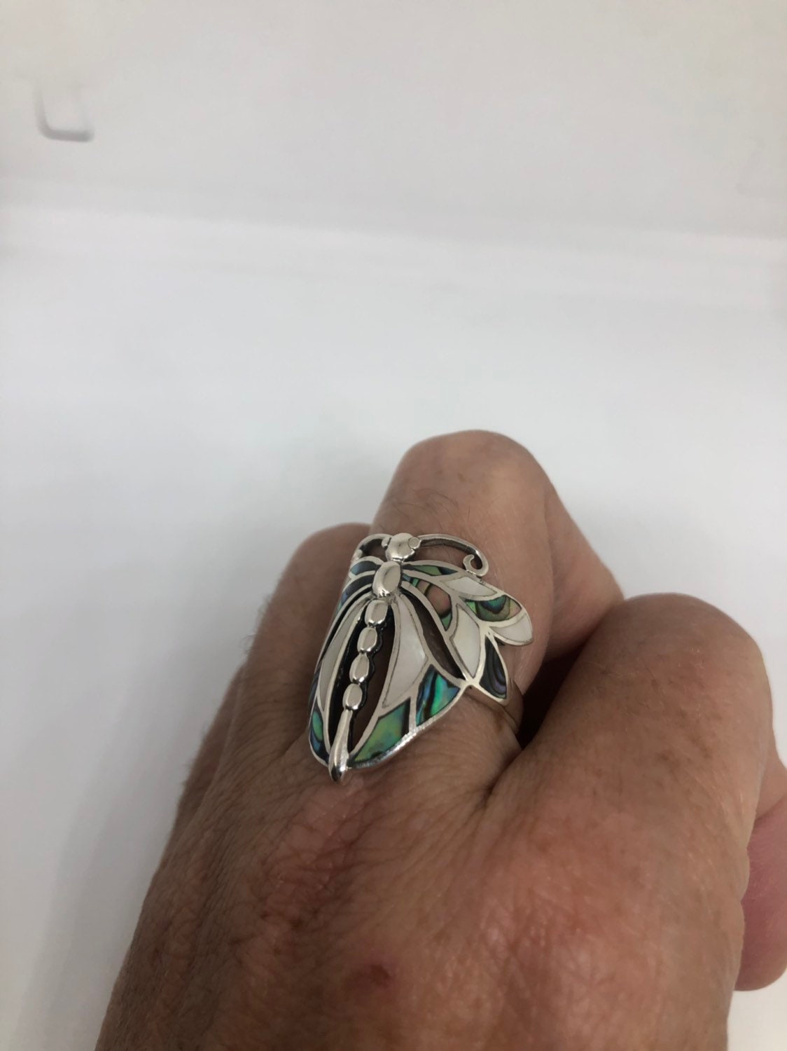 Antique Deco Mother of Pearl Abalone Dragonfly Filigree Sterling Silver Ring